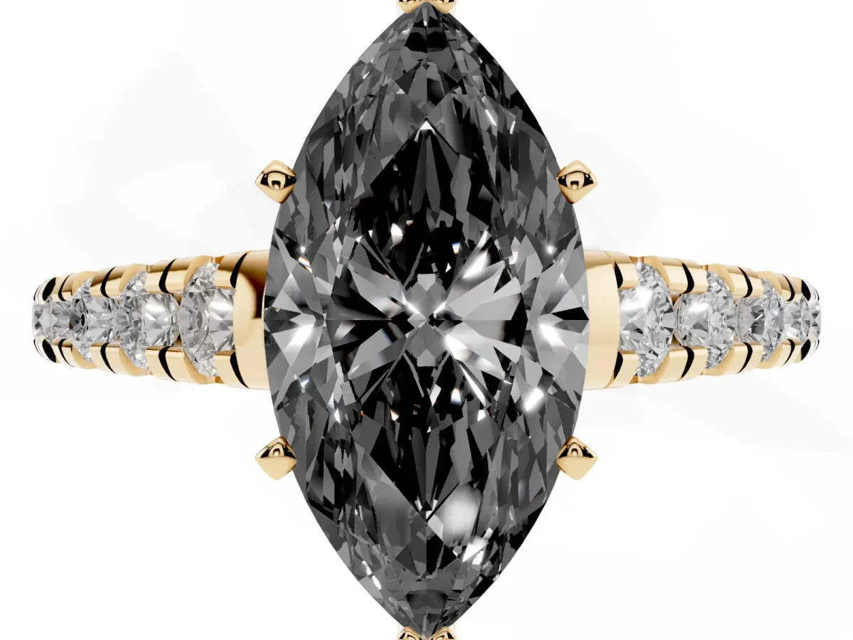 Fancy Black Marquise Cut Diamond Cathedral Solitaire Ring with Round Pavé Band Yellow gold