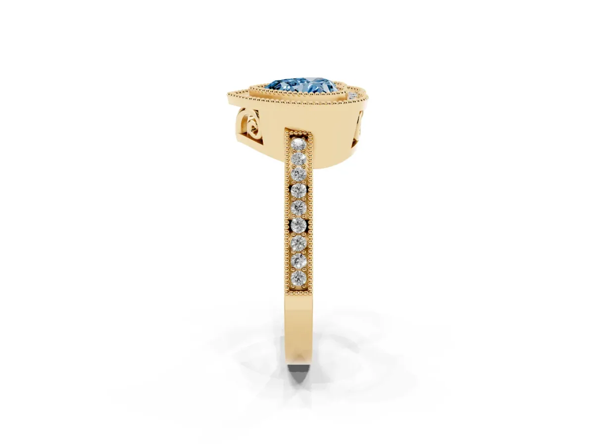 Fancy Blue Heart Cut Cut Halo Diamond Ring with Pavé Band and Milgrain Prong Setting Yellow gold