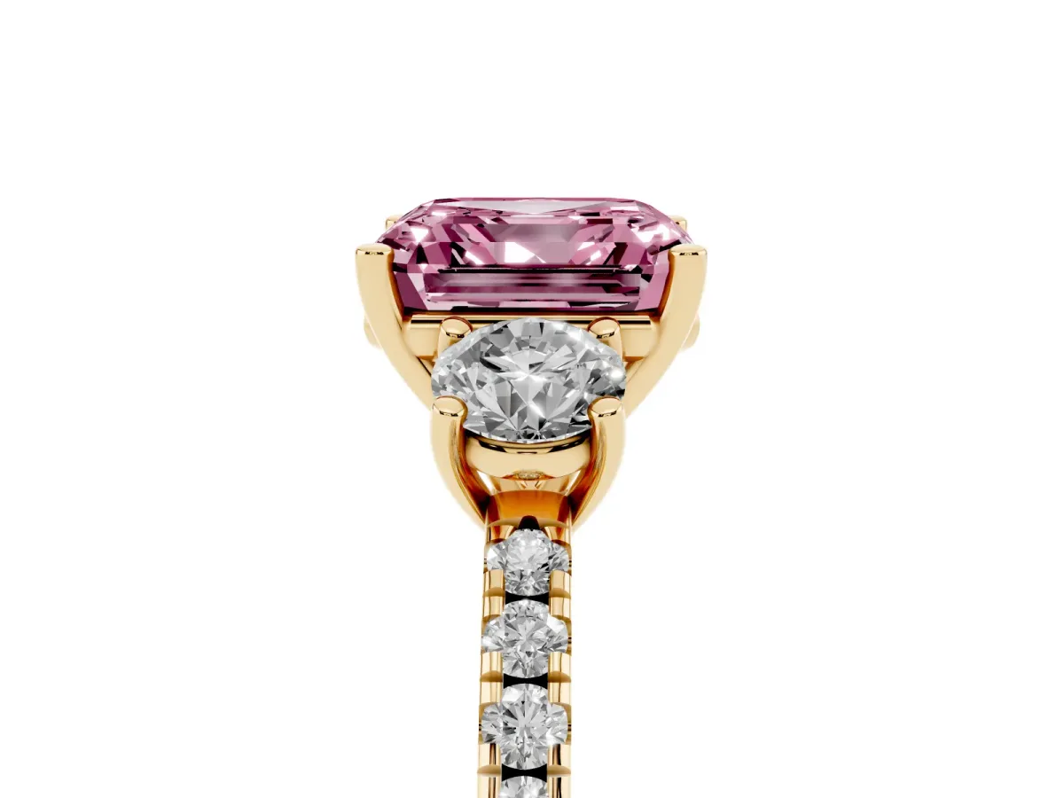 Fancy Pink Three-Stone Asscher Cut Cut Diamond Pavé Band with Prong Setting Yellow gold