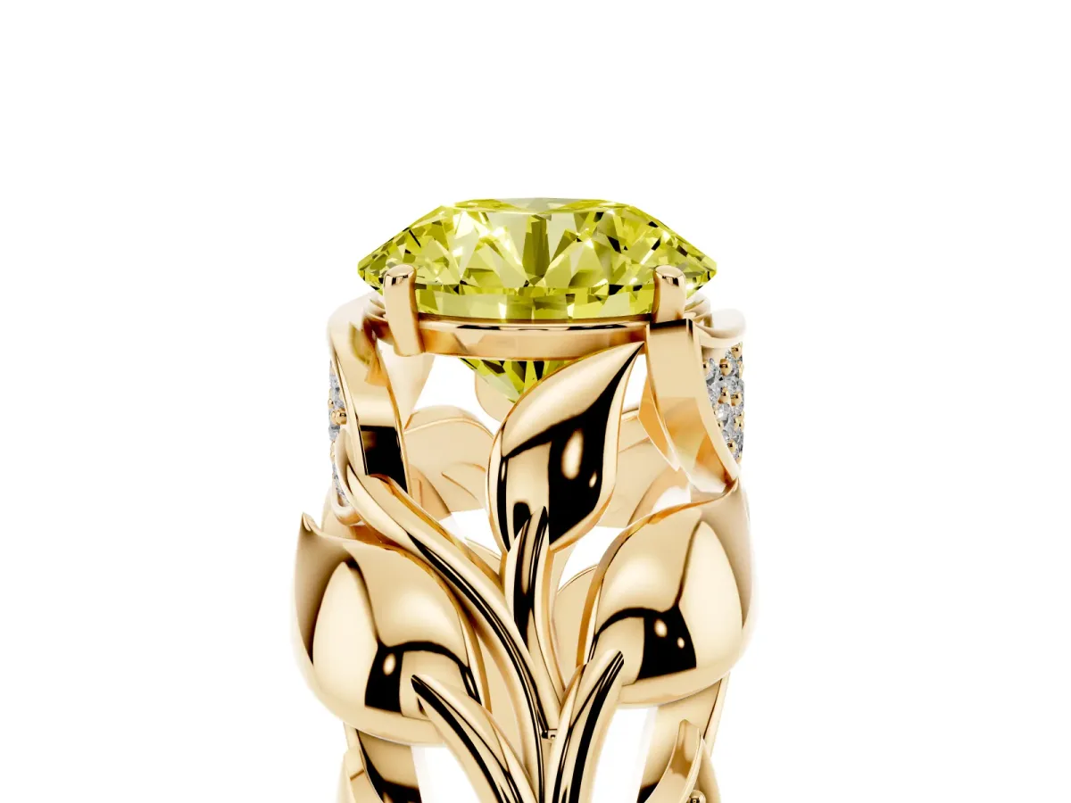 Fancy Yellow Round Cut Diamond Leaf-Inspired Engagement Ring with Round Accents and Prong Setting Yellow gold