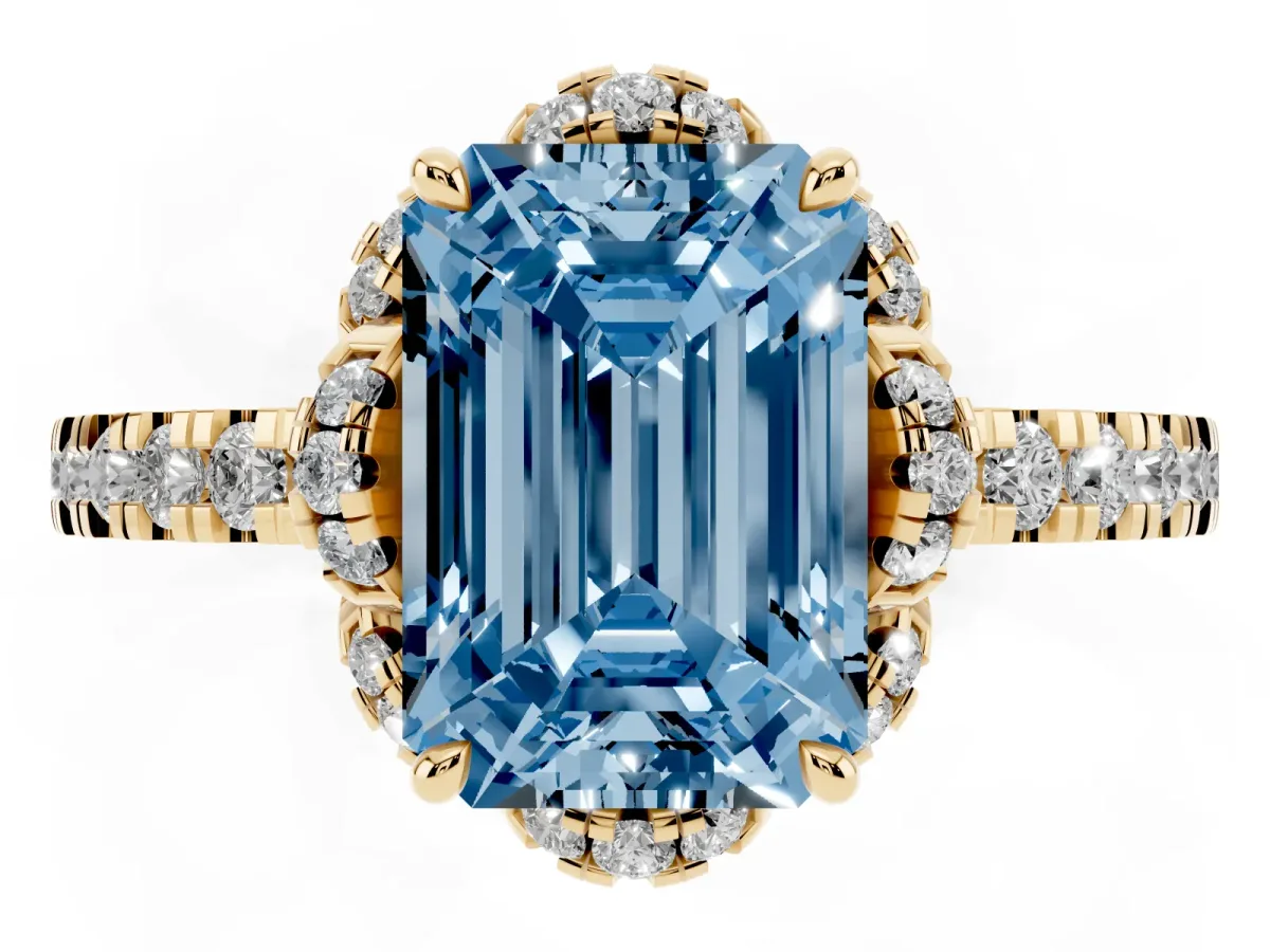 Fancy Blue Emerald Cut Diamond Halo Pave Band with Four-Prong Setting Yellow gold