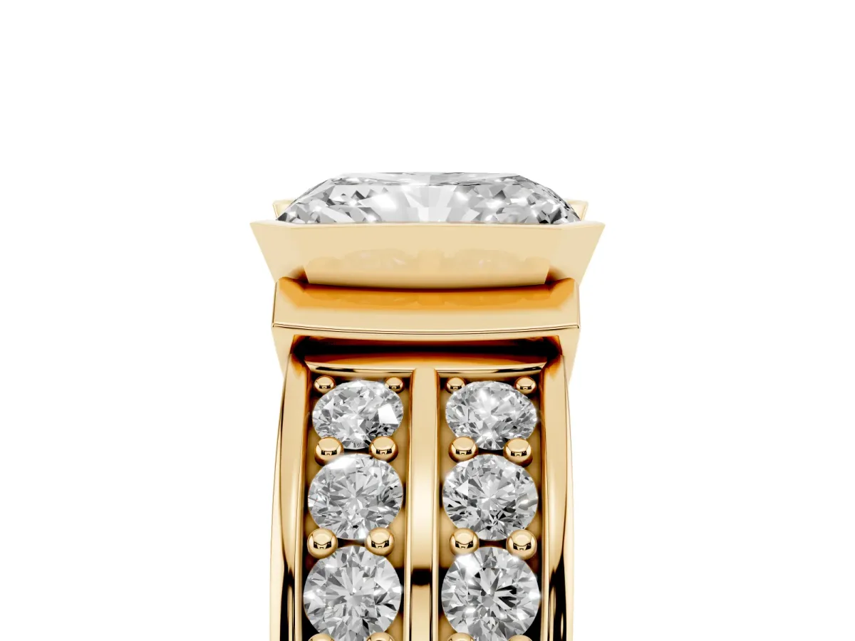 Radiant Cut Brilliant Diamond Channel Set Wide Band Ring with Bezel Setting Yellow gold