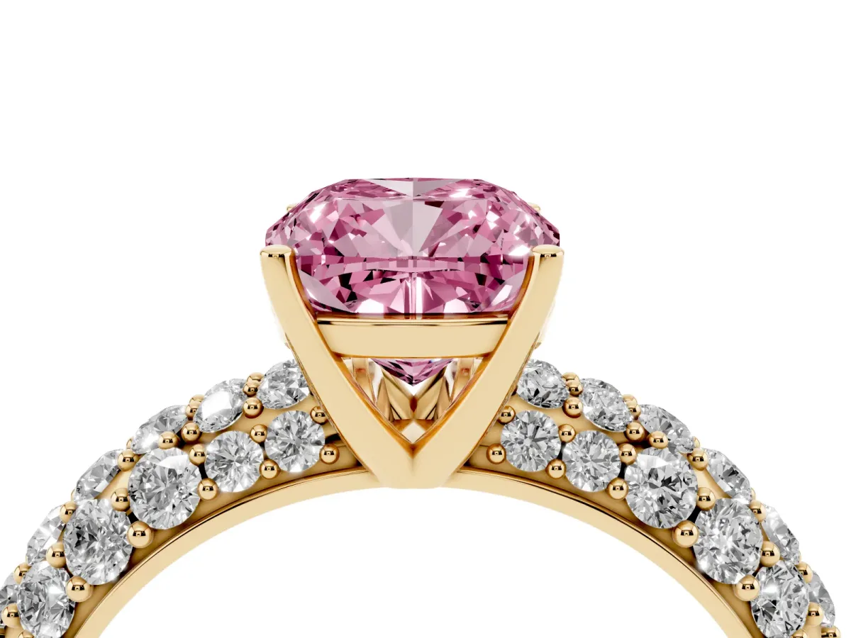 Fancy Pink Cushion Cut Diamond Pavé Band Solitaire Ring with Four-Prong Setting Yellow gold