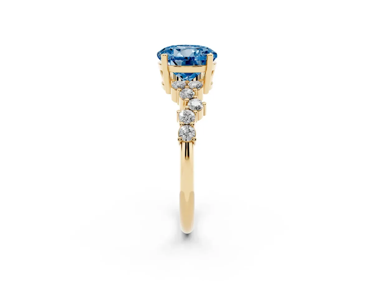 Fancy Blue Round Cut Diamond Scattered Round Accent Ring with Prong Setting Yellow gold