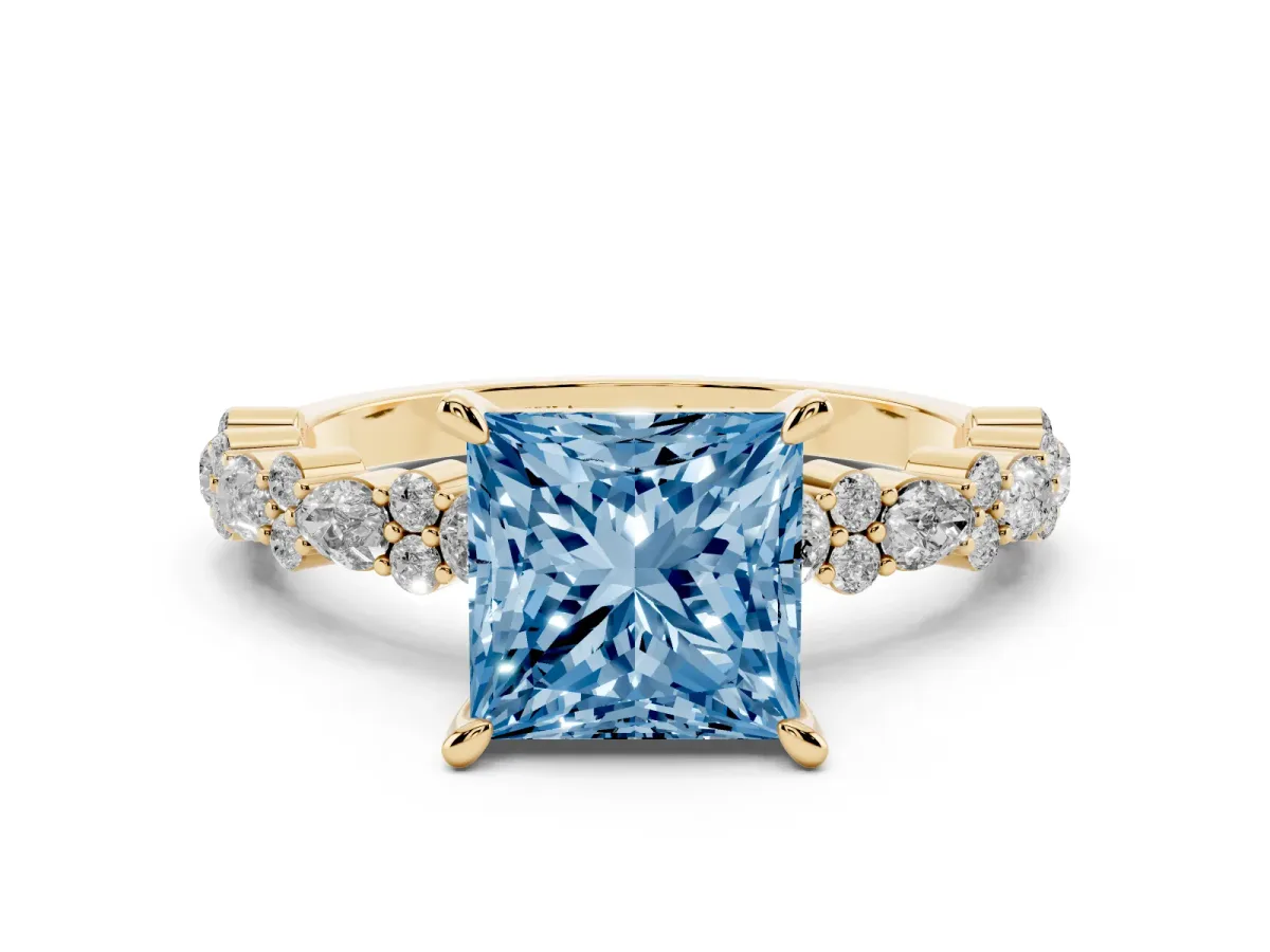 Fancy Blue Princess Cut Diamond Side Stone Solitaire Ring with Round and Four-Prong Setting Yellow gold