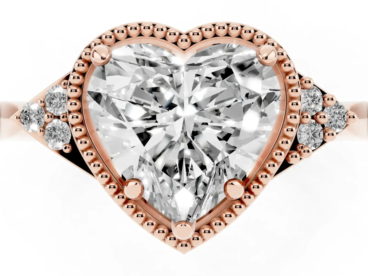 Milgrain Heart Cut Cut Diamond Ring with Tapered Pave Band and Four Prong Setting Rose gold