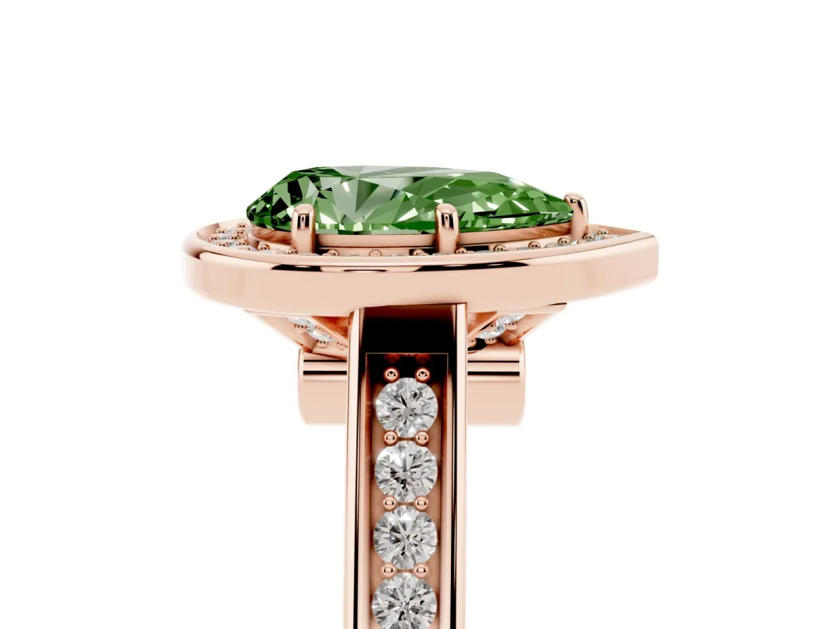 Fancy Green Pear Cut Halo Solitaire Diamond Ring with Pave Band and Bezel Setting Rose gold