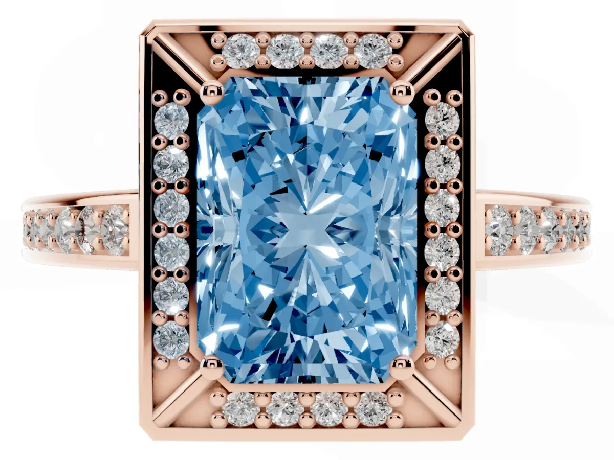 Fancy Blue Radiant Cut Cut Halo Pave Split Shank Prong Setting Ring Rose gold