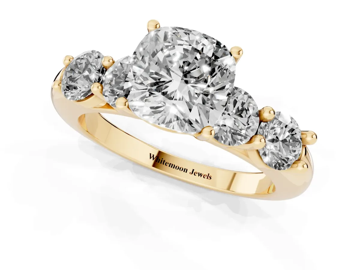 Cushion Cut Cut Five-Stone Prong Set Diamond Ring with Classic Band Yellow gold