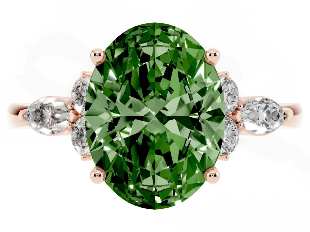 Fancy Green Oval Cut Brilliant Diamond Solitaire Ring with Pear Side Stones and Four-Prong Setting Rose gold
