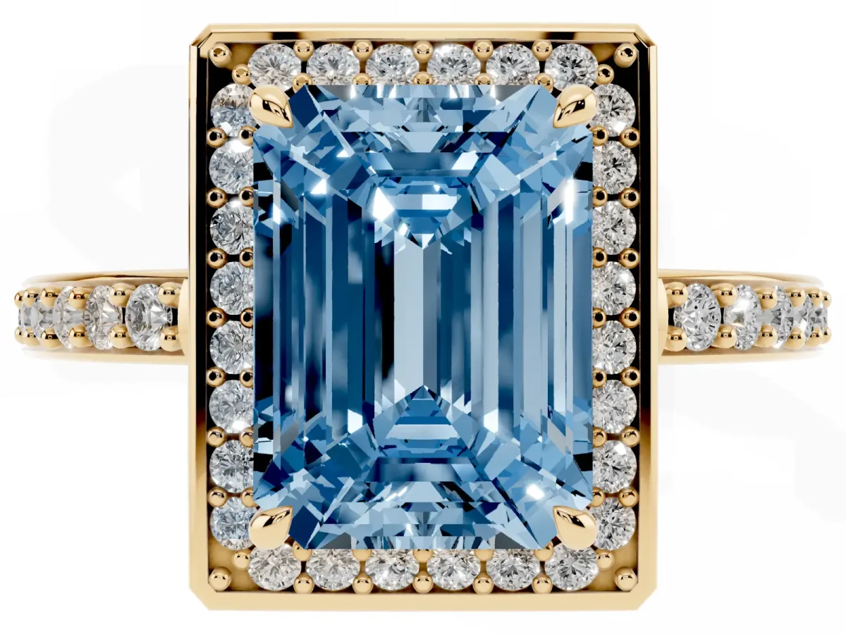Fancy Blue Emerald Cut Halo Pave Band Solitaire Ring with Prong Setting Yellow gold
