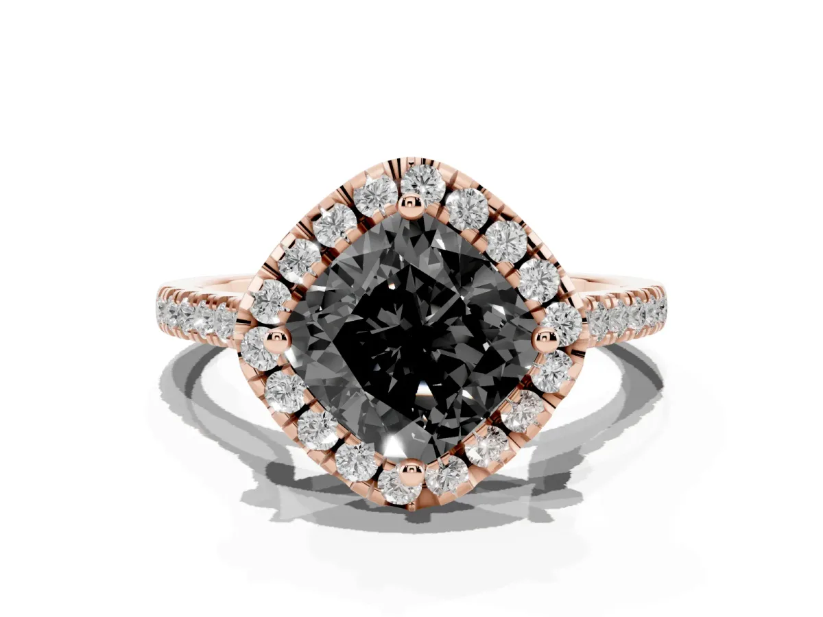 Fancy Black Cushion Cut Diamond Cushion Halo Ring with Pavé Band Rose gold