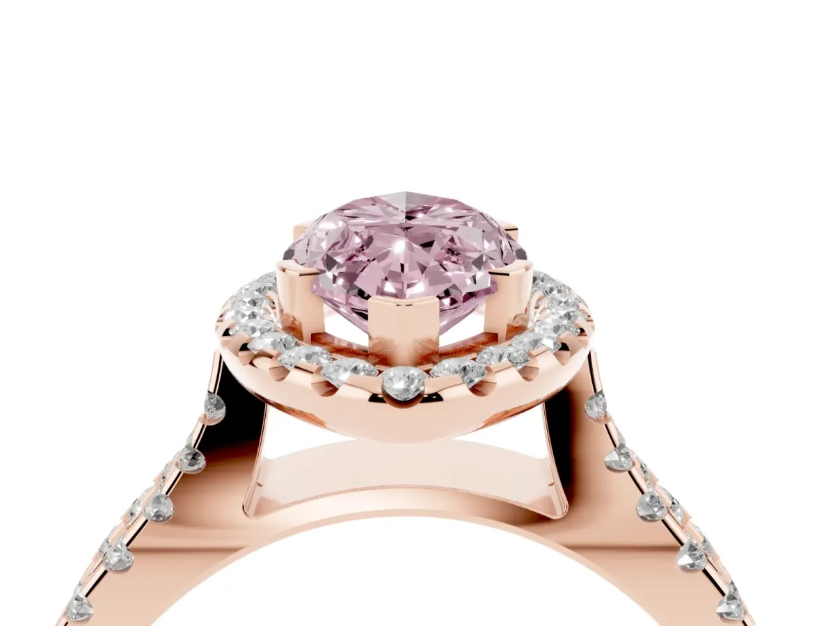 Fancy Pink Marquise Cut Diamond Halo Ring with Split Shank Pavé Band and Prong Setting Rose gold