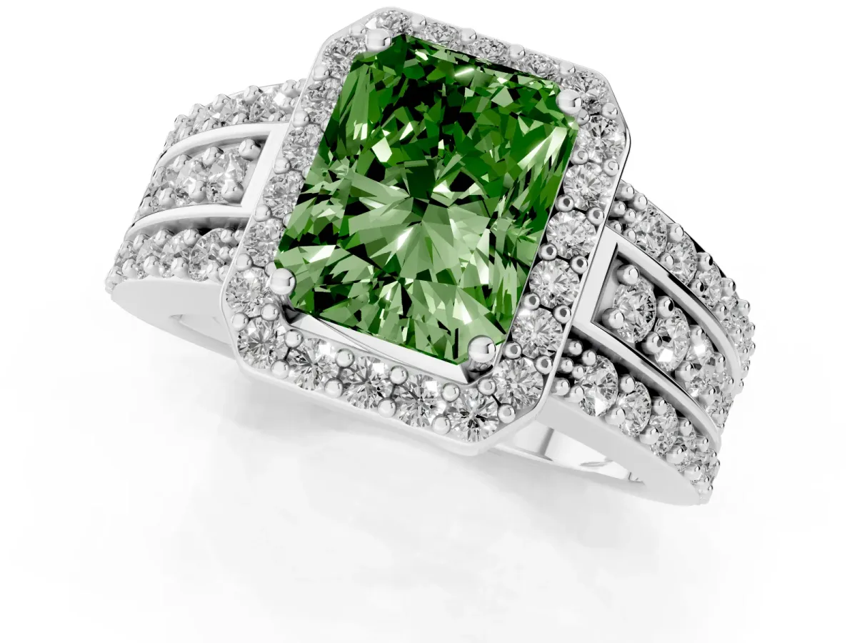 Fancy Green Radiant Cut Halo Diamond Ring with Round Split Shank and Prong Setting Platinum