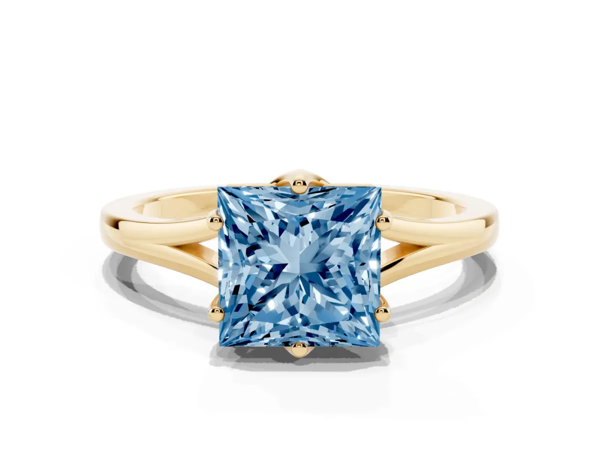 Fancy Blue Princess Cut Solitaire Diamond Ring with Six-Prong Setting and Tapered Band Yellow gold