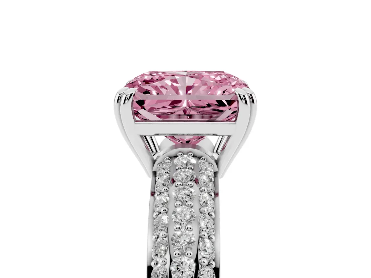 Fancy Pink Radiant Cut Diamond Solitaire Ring with Multi-Row Round Pavé Band and Prong Setting Silver
