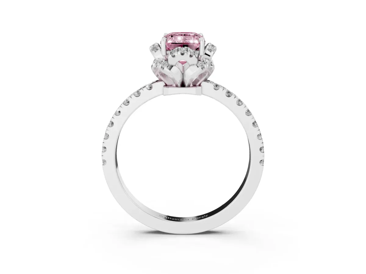 Fancy Pink Emerald Cut Diamond Halo Pave Band with Four-Prong Setting Silver