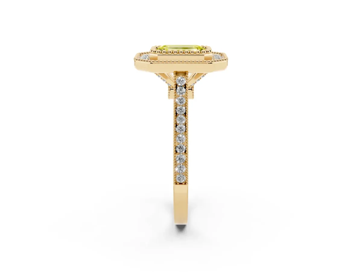 Fancy Yellow Emerald Cut Diamond Halo Ring with Milgrain Frame and Pavé Band Yellow gold