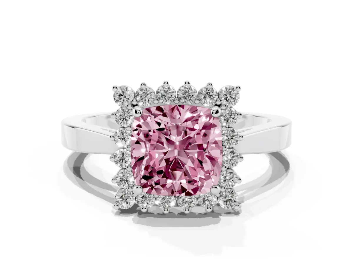 Fancy Pink Cushion Cut Cut Diamond Halo Ring with Round Brilliant Halo and Solitaire Band Platinum