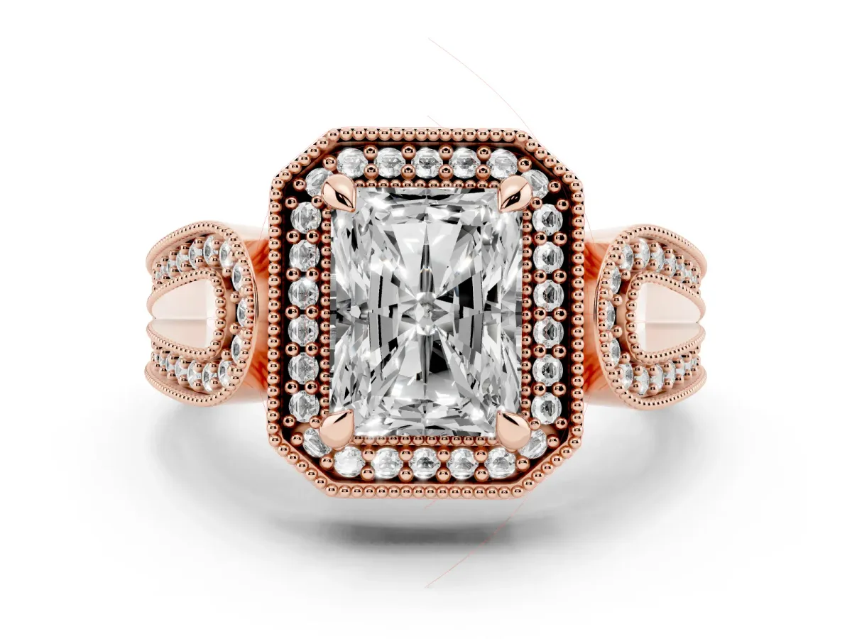 Radiant Cut Halo Split Shank Milgrain Diamond Ring Rose gold