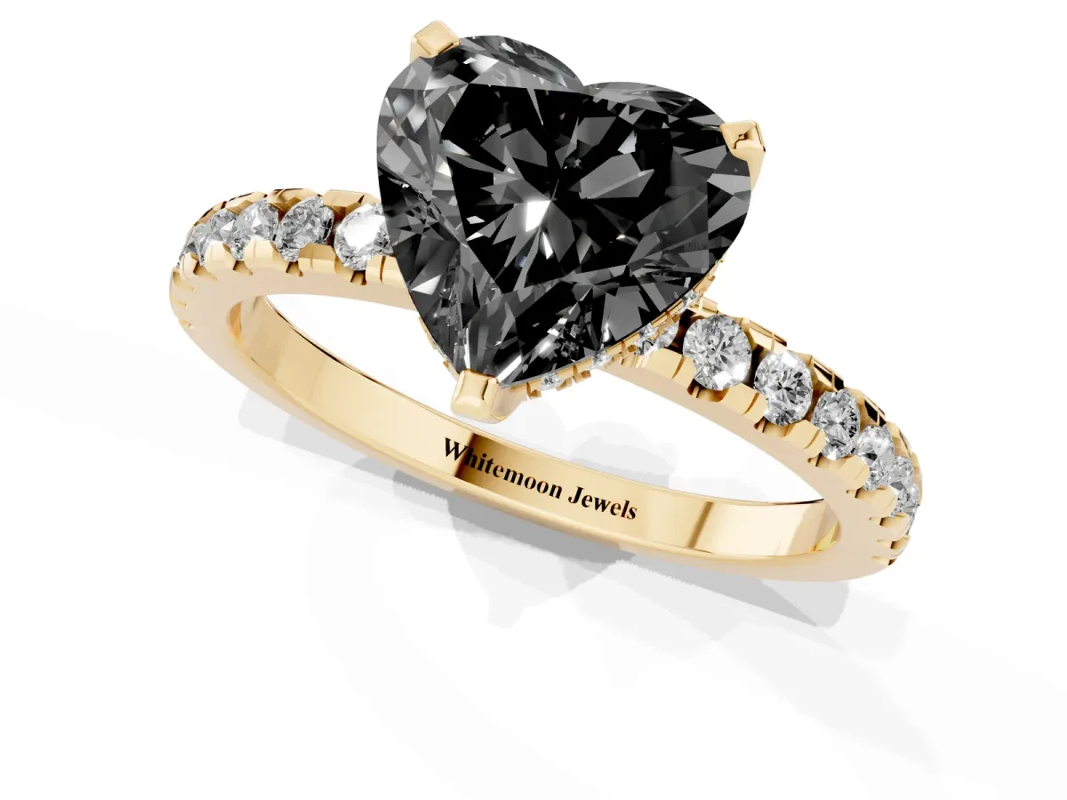 Fancy Black Heart Cut Diamond Solitaire Ring with Round Pavé Band and Four-Prong Setting Yellow gold