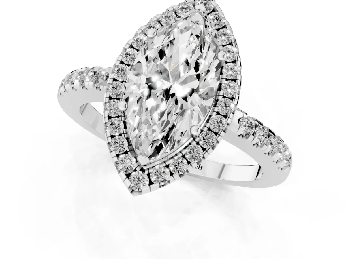 Marquise Cut Halo Diamond Engagement Ring with Pavé Band and Four-Prong Setting White gold