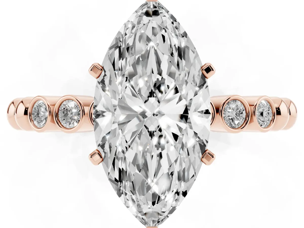 Marquise Cut Solitaire Bezel Accent Diamond Engagement Ring with Beaded Band and Four-Prong Setting Rose gold