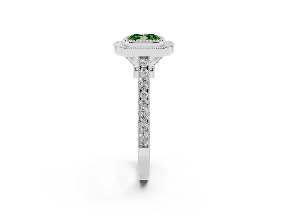 Fancy Green Cushion Cut Diamond Halo Ring with Milgrain Frame and Pavé Band White gold