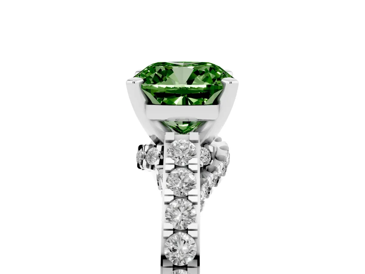 Fancy Green Cushion Cut Diamond Solitaire Ring with Crossover Gallery and Round Pavé Band Platinum
