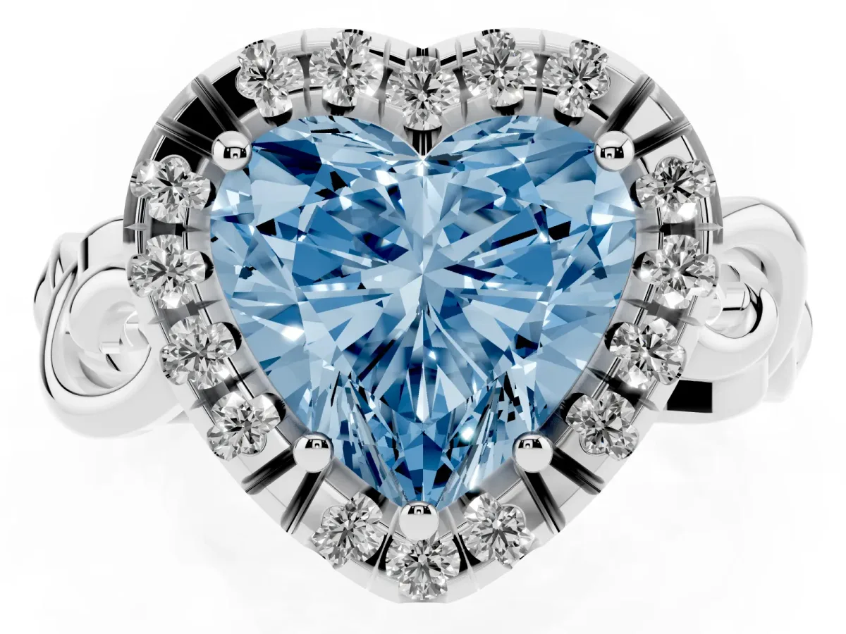 Fancy Blue Heart Cut Cut Halo Diamond Ring with Scrollwork Band and Four-Prong Setting Platinum