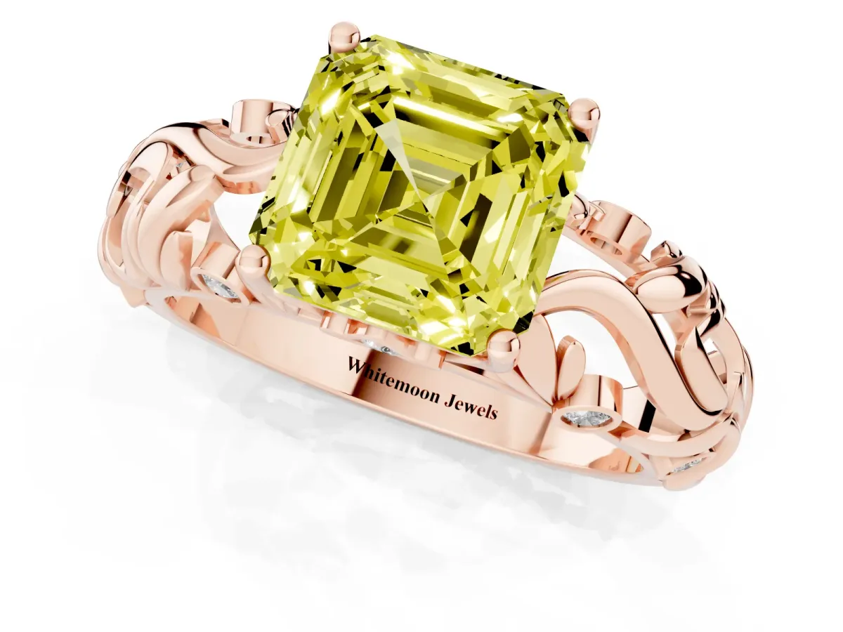 Fancy Yellow Asscher Cut Solitaire Diamond Leaf-Inspired Vine Band Ring with Prong Setting Rose gold