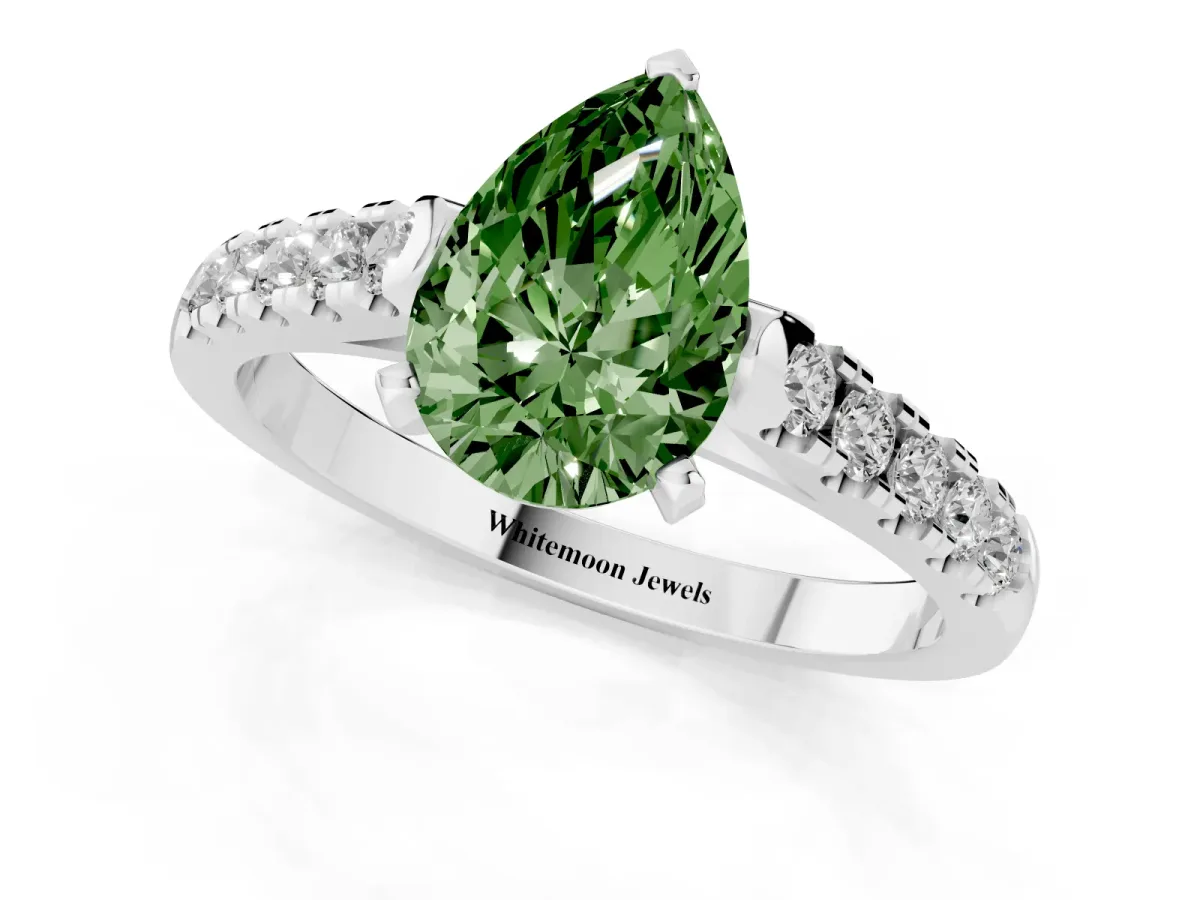 Fancy Green Pear Cut Diamond Pavé Band Solitaire Ring with Prong Setting Platinum