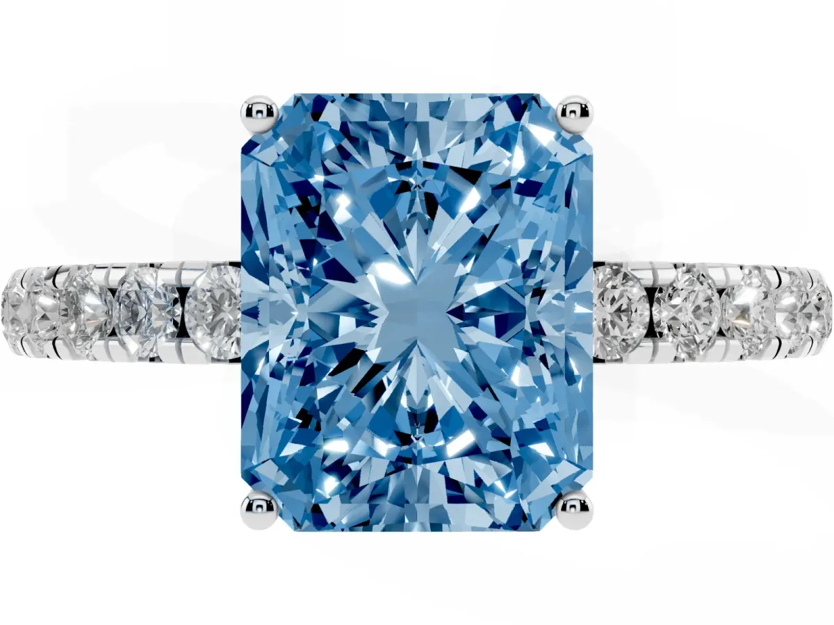 Fancy Blue Radiant Cut Diamond Pavé Solitaire Engagement Ring with Four-Prong Setting Silver