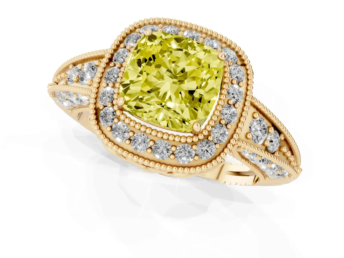 Fancy Yellow Cushion Cut Halo Diamond Split Shank Ring with Milgrain Detail Yellow gold