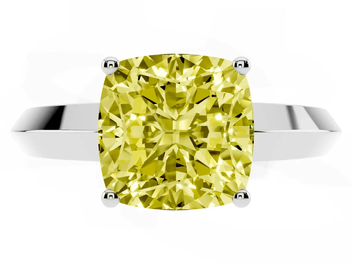 Fancy Yellow Cushion Cut Cut Solitaire Engagement Ring with Flat Band and Four-Prong Setting Platinum