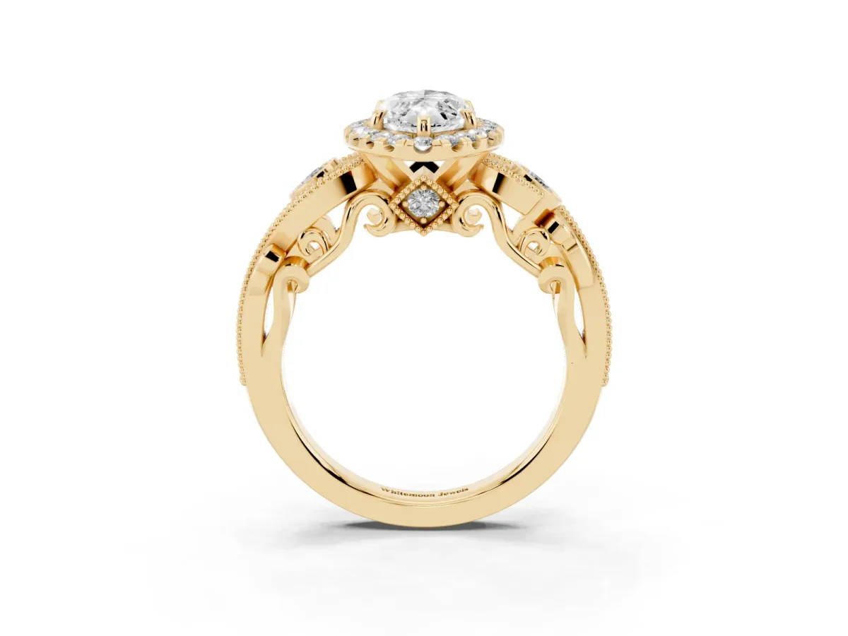 Marquise Cut Diamond Halo Ring with Milgrain Pavé Band and Four-Prong Setting Yellow gold