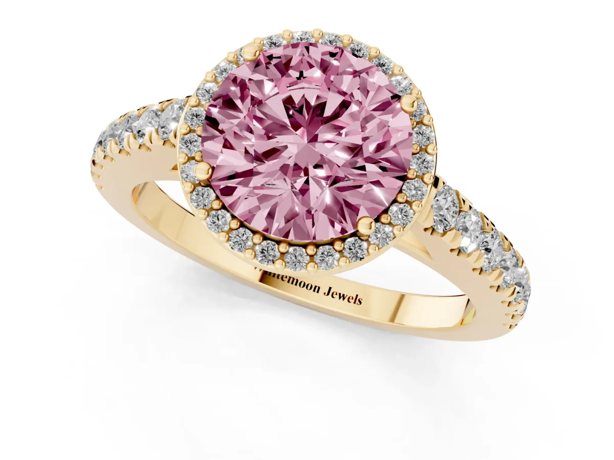 Fancy Pink Round Cut Cut Halo Diamond Engagement Ring with Pave Band and Four-Prong Setting Yellow gold