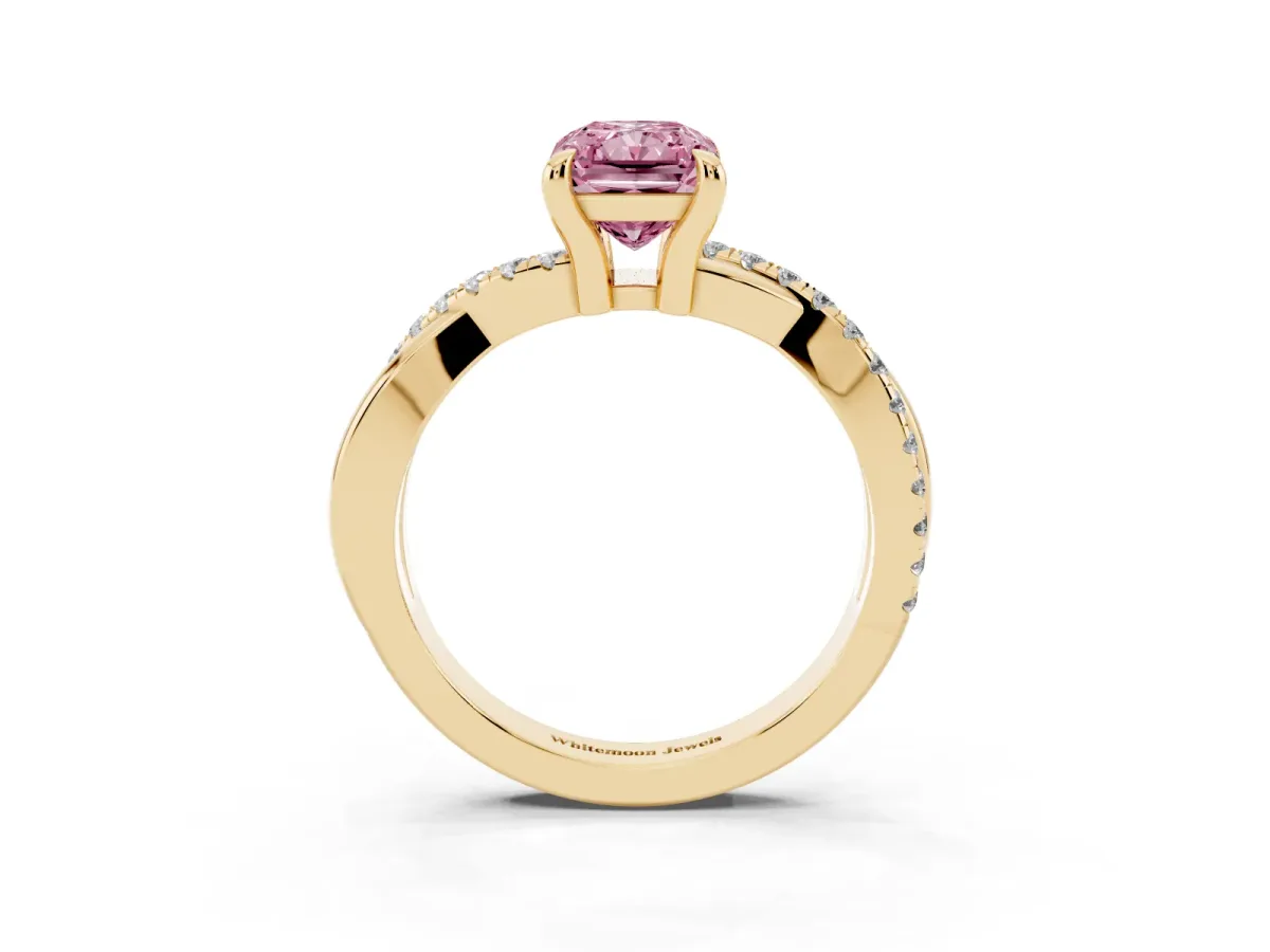 Fancy Pink Radiant Cut Cut Diamond Twist Band Solitaire with Prong Setting Yellow gold