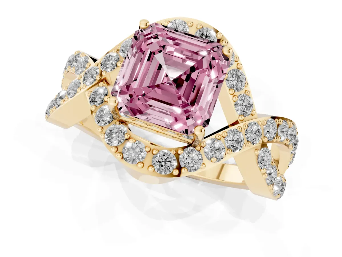 Fancy Pink Asscher Cut Solitaire Twist Band Pavé Diamond Engagement Ring Yellow gold