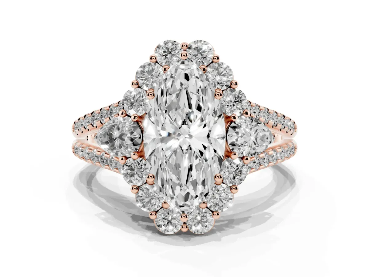 Marquise Cut Halo Split Shank Diamond Engagement Ring with Prong Setting Rose gold