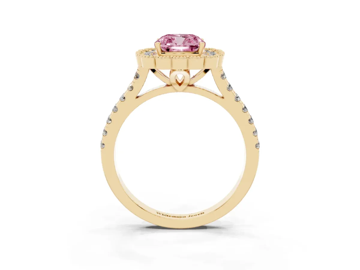 Fancy Pink Cushion Cut Cut Diamond Milgrain Floral Halo Engagement Ring with Pavé Band Yellow gold