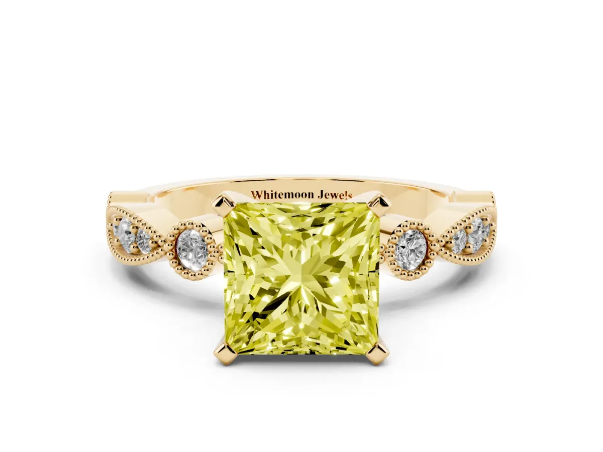 Fancy Yellow Princess Cut Milgrain Bezel Diamond Engagement Ring with Solitaire Prong Setting Yellow gold
