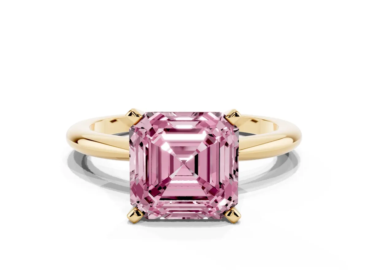 Fancy Pink Asscher Cut Diamond Solitaire Ring with Prong Setting and Classic Band Yellow gold