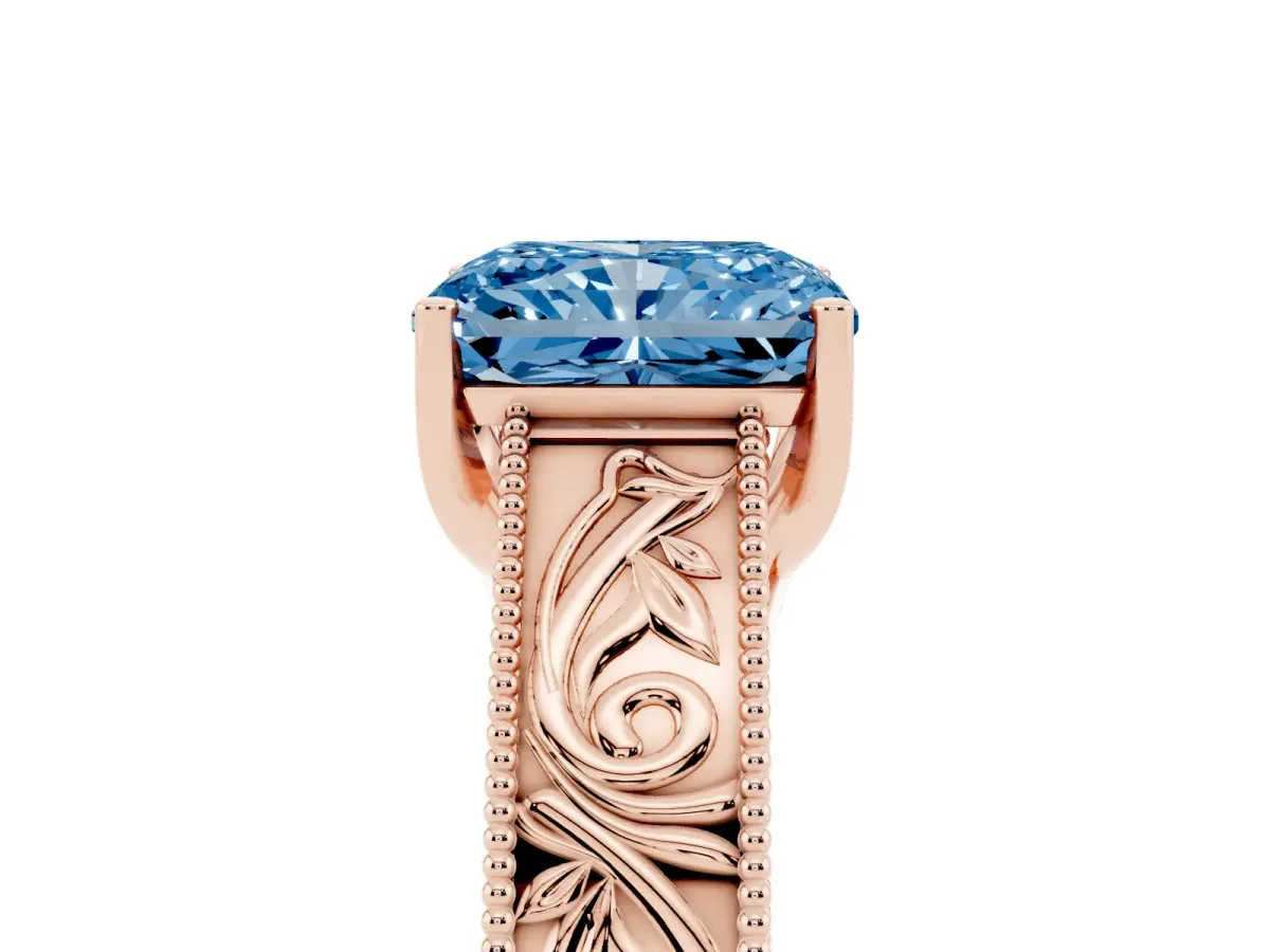 Fancy Blue Radiant Cut Diamond Solitaire Ring with Engraved Band and Four-Prong Setting Rose gold