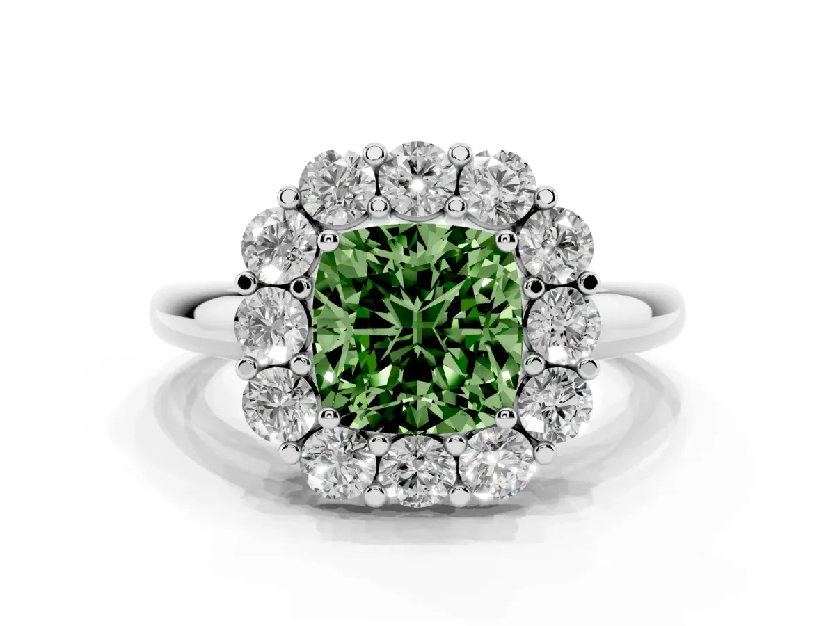 Fancy Green Cushion Cut Halo Cluster Diamond Engagement Ring with Prong Setting and Polished Band Silver