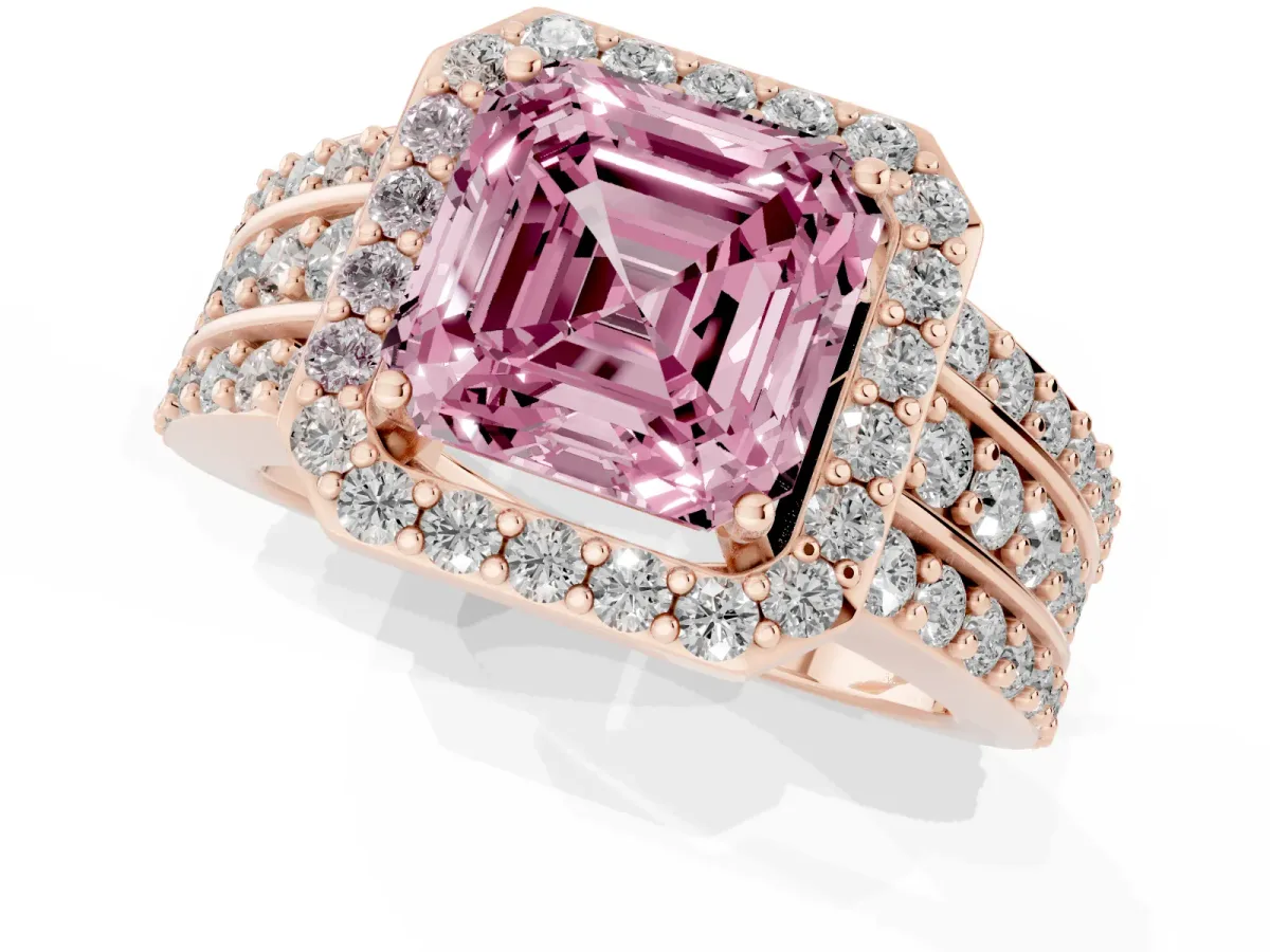 Fancy Pink Asscher Cut Halo Diamond Ring with Round Split Shank and Prong Setting Rose gold