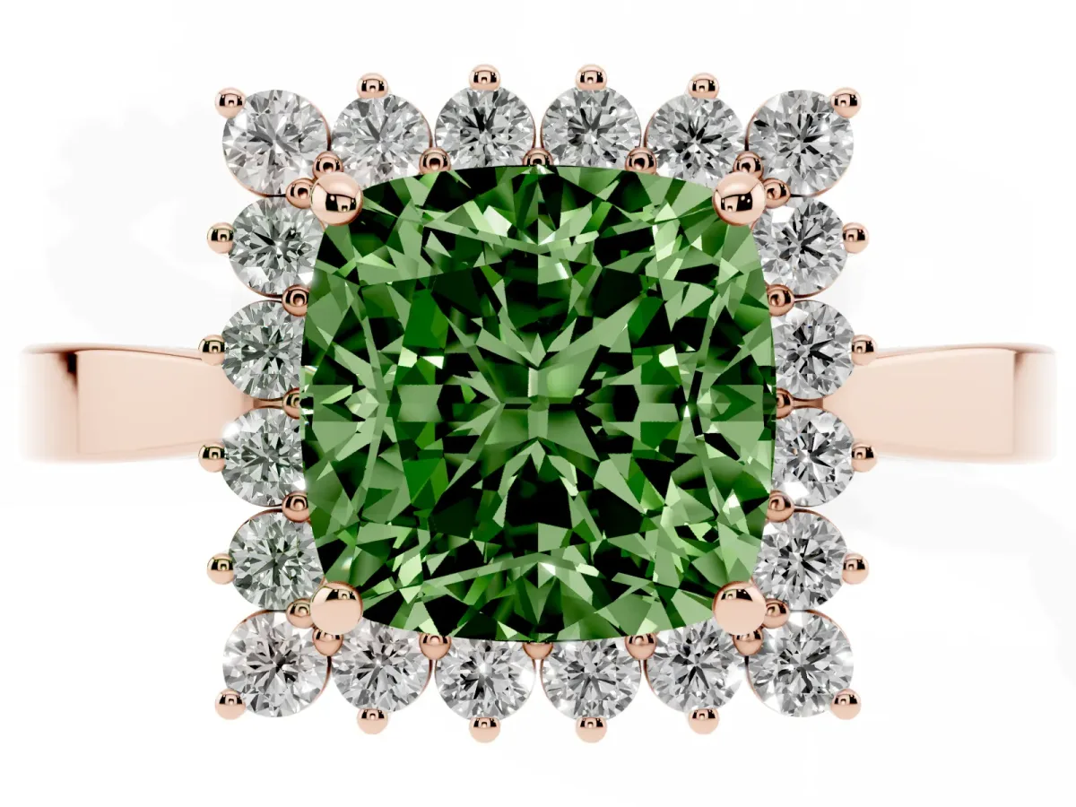 Fancy Green Cushion Cut Cut Diamond Halo Ring with Round Brilliant Halo and Solitaire Band Rose gold