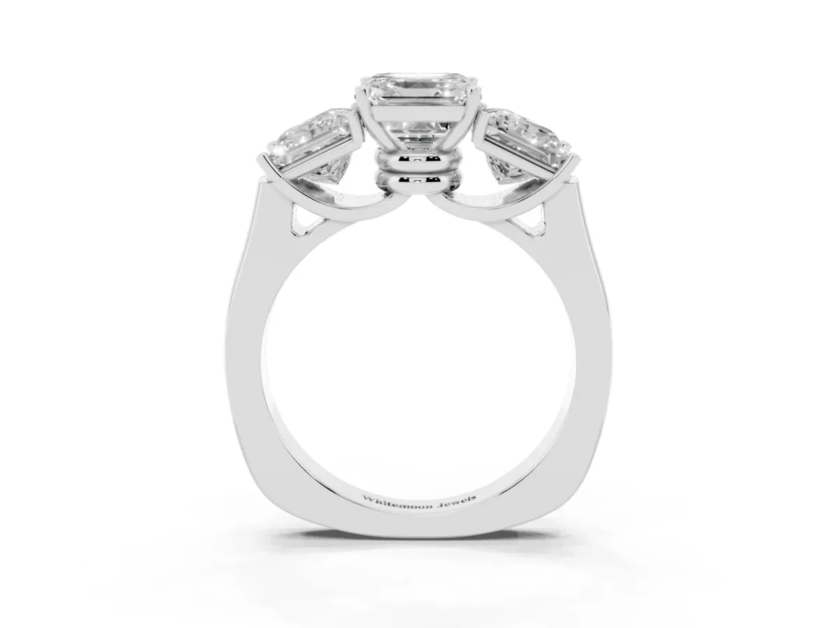 Three-Stone Asscher Cut Brilliant Diamond Trellis Ring with Comfort Fit Band Platinum