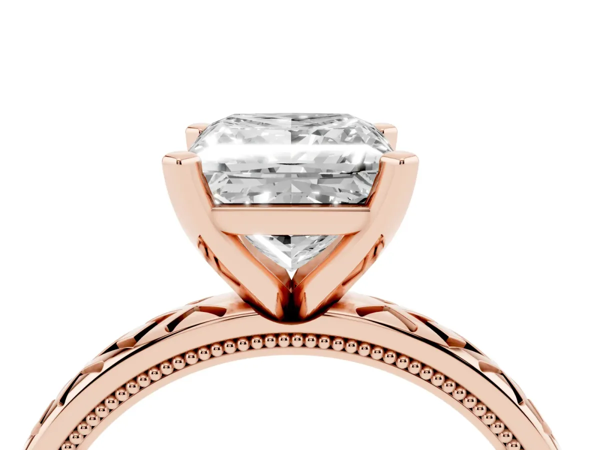 Princess Cut Solitaire Diamond Ring with Milgrain and Black Enamel X Pattern Band Rose gold