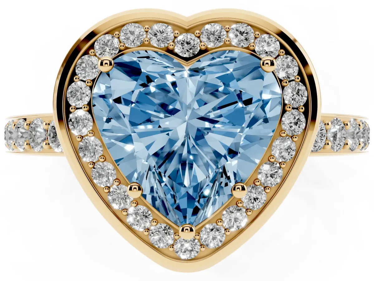 Fancy Blue Heart Cut Diamond Halo Ring with Bezel Frame and Pavé Band Yellow gold